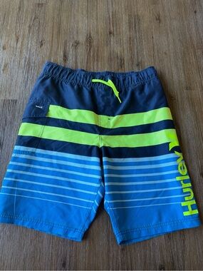 3/20$ Hurley Boys Blue Navy & Neon Lime Striped Swim Trunks size 10/12